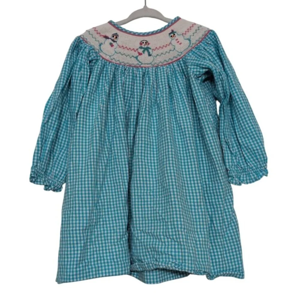 Marmellata Snowman Smocked Dress Girls Size 2T Blue Gingham Check Winter Cotton